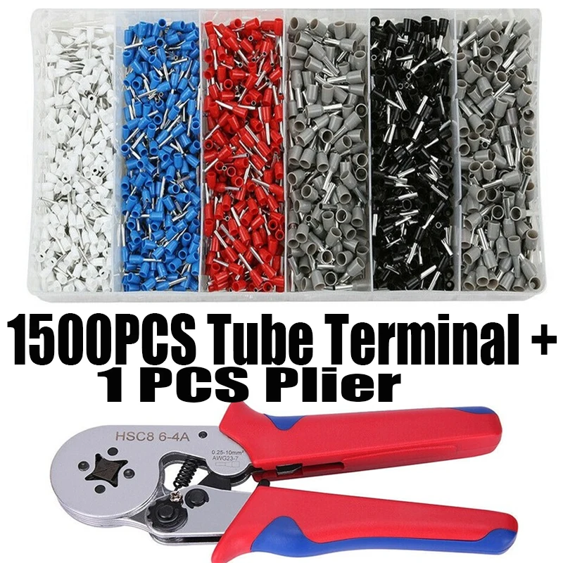 

1500pcs Tube Terminal Insulated Terminal+ 1PCS Pliers HSC8 6-4 Crimping Tool 0.25-10mm² Wire Connector Electrical Tube Terminals