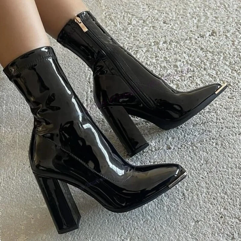 Brown Chunky Heels Ankle Boots Patent Leather Chunky High Heels Shoes for Women Pointed Toe Sexy Shoes 2023 Zapatos Para Mujere