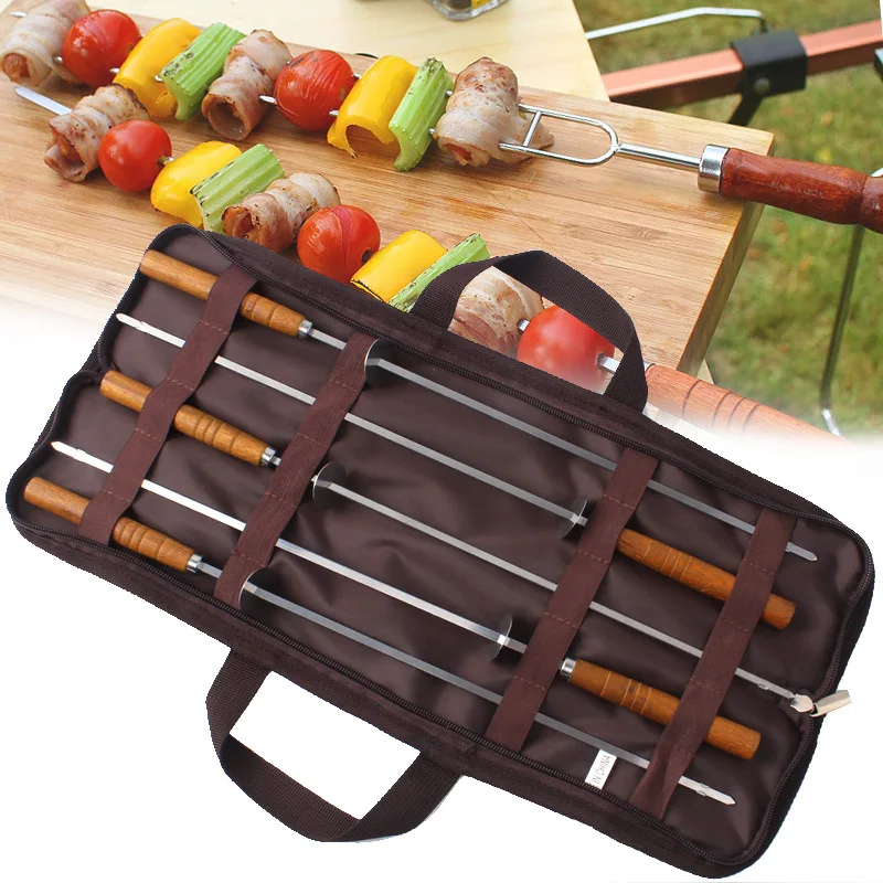 

Outdoor BBQ Stainless Steel Barbecue Needle Picnic Supplies Wooden Handle with Slice Kebab Skewers 5-piece Set