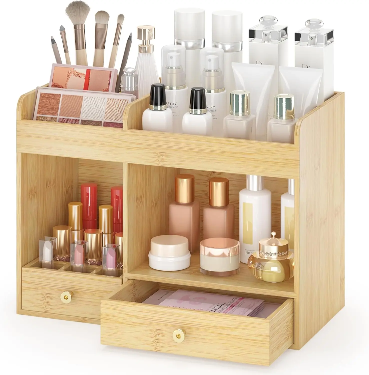 

Large Makeup Organizer with Drawers, Bamboo Countertop Cosmetic Storage for Dresser Vanity Organizer Beauty Desk Skincar