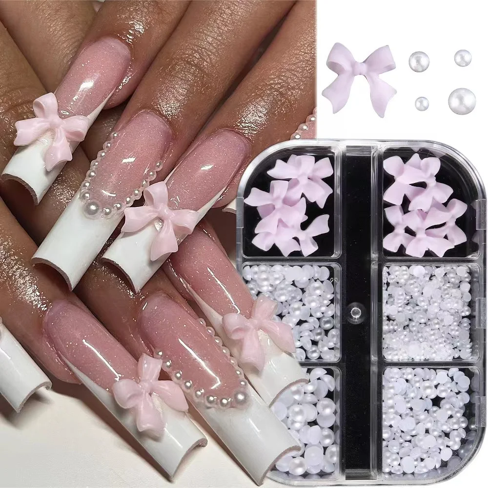 6 Grid 10 Pieces Instagram Ballet Ribbon Bow DIY Nail Art Multi Size Flat Bottom Pearl Nail Decoration Accessories Set