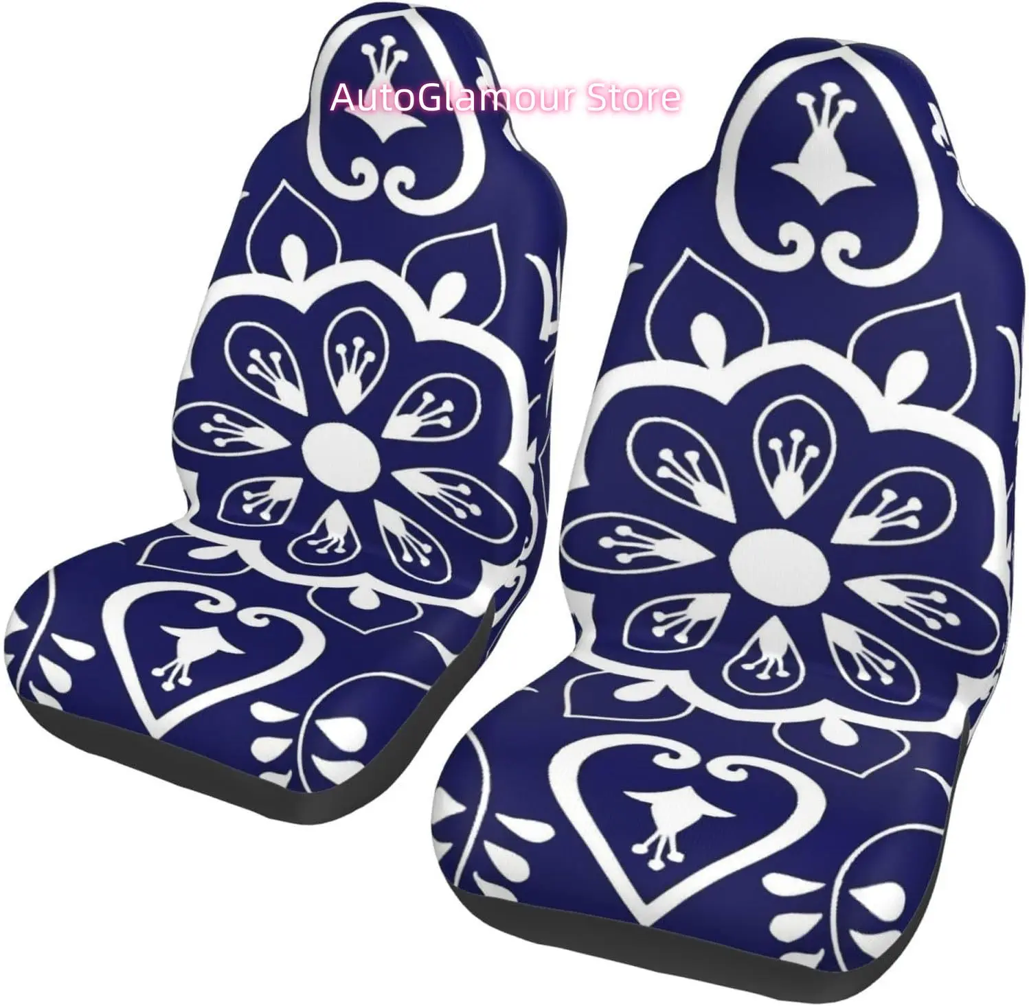 Tile Ornaments Blue and White Floral Motifs Universal Car Seat Covers 2-Piece Set - Stretch-to-Fit Front Seat Protectors for Car