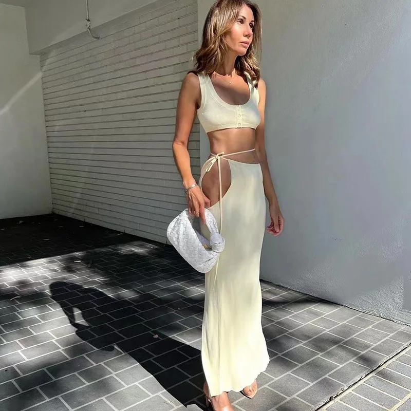 2000s European American Summer cleanfit style women's Vintage fashion Sexy Elegant short sleeve vest slim fit split skirt sets