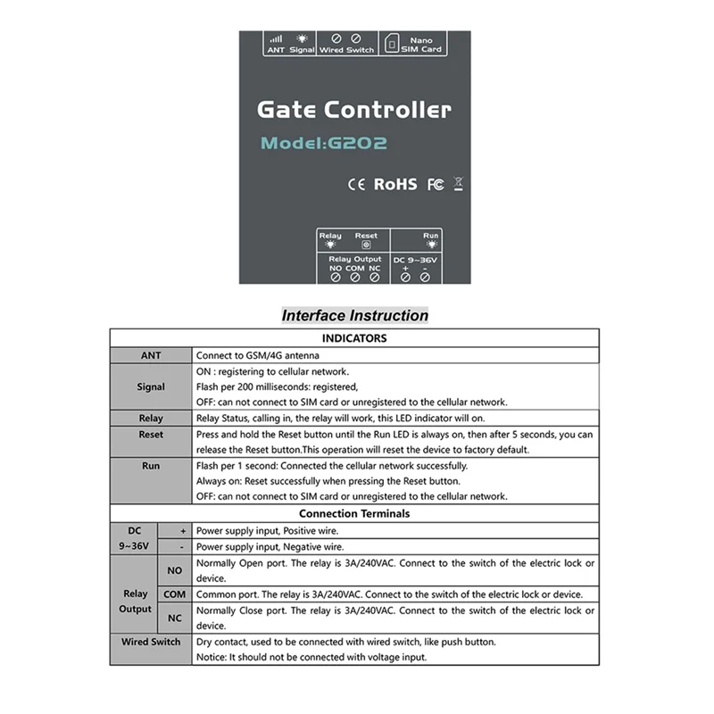 

AED7-G202 Mobile Phone GSM Gate Door Opener 4G Single Relay Switch Electric Gate Remote Controller 850/900/1800/1900Mhz