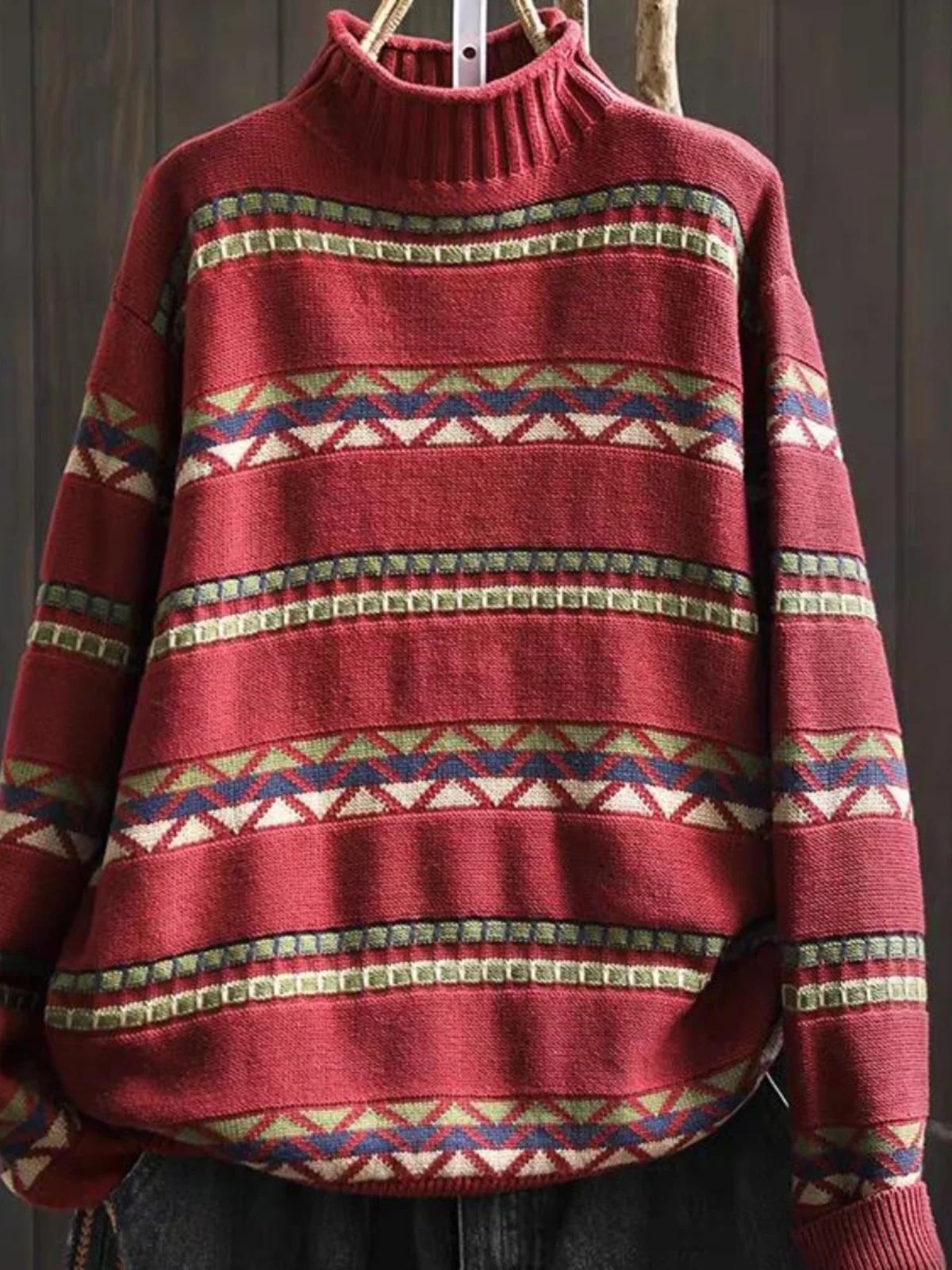 レトロニットコットンセーター女性ルーズカジュアルオーバーヘッド f ハイカラースリミングトレンディロング Sve 植物花柄