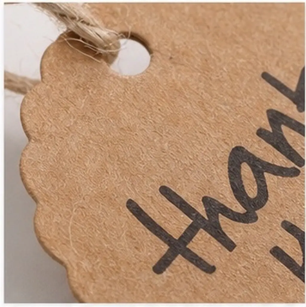 100Pcs Kraft Paper Scalloped Round Gift Tags Brown 4Cm Diameter String Included Wedding Favor Thank You Labels