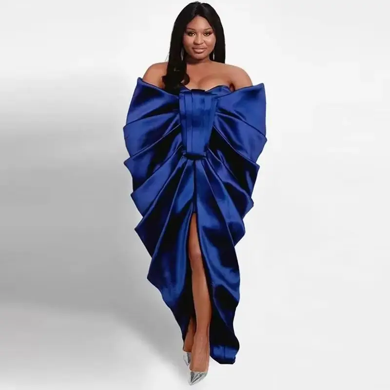 

Sexy Off The Shoulder Front Split Formal Party Dress Robe Navy Blue Ruched Evening Gowns Afrian Women Plus Size Prom Dresses