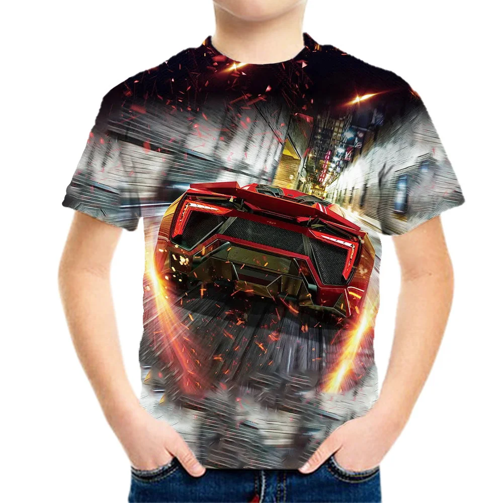 Children's Clothing Boys Tshirt Short Sleeve Cool Racing Car Print Summer Children 's T-Shirt Fashion Casual Round Neck Tops﻿