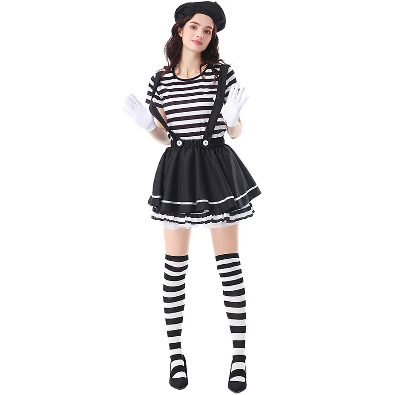 Adulte comédie Clown Mime acteur Cosplay Costumes femme rayé Clown jarretelle jupe moelleuse fête scène Halloween Costume