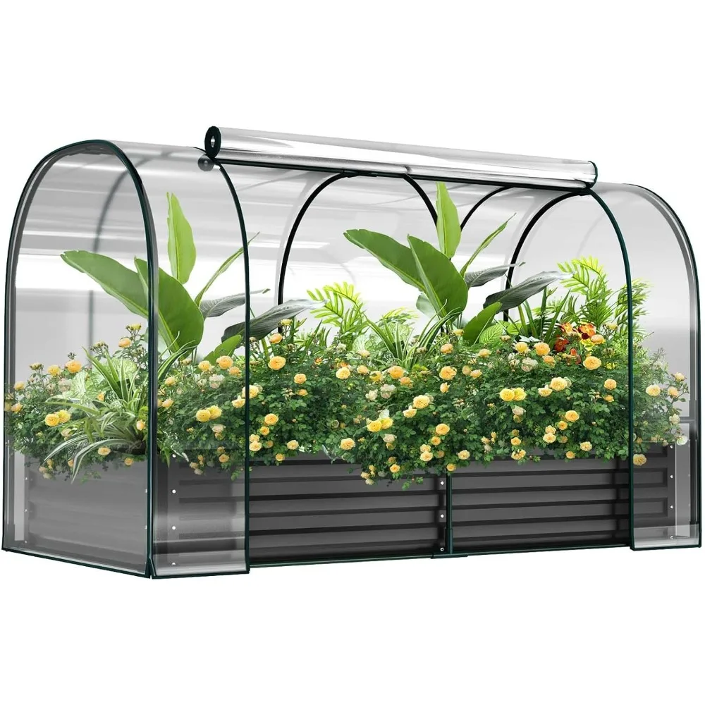 

Galvanized Raised Garden Bed with Cover, 71x35.4x45.2 Metal Planter Bottomless Box w/ Roll-Up Window Mini Greenhouse