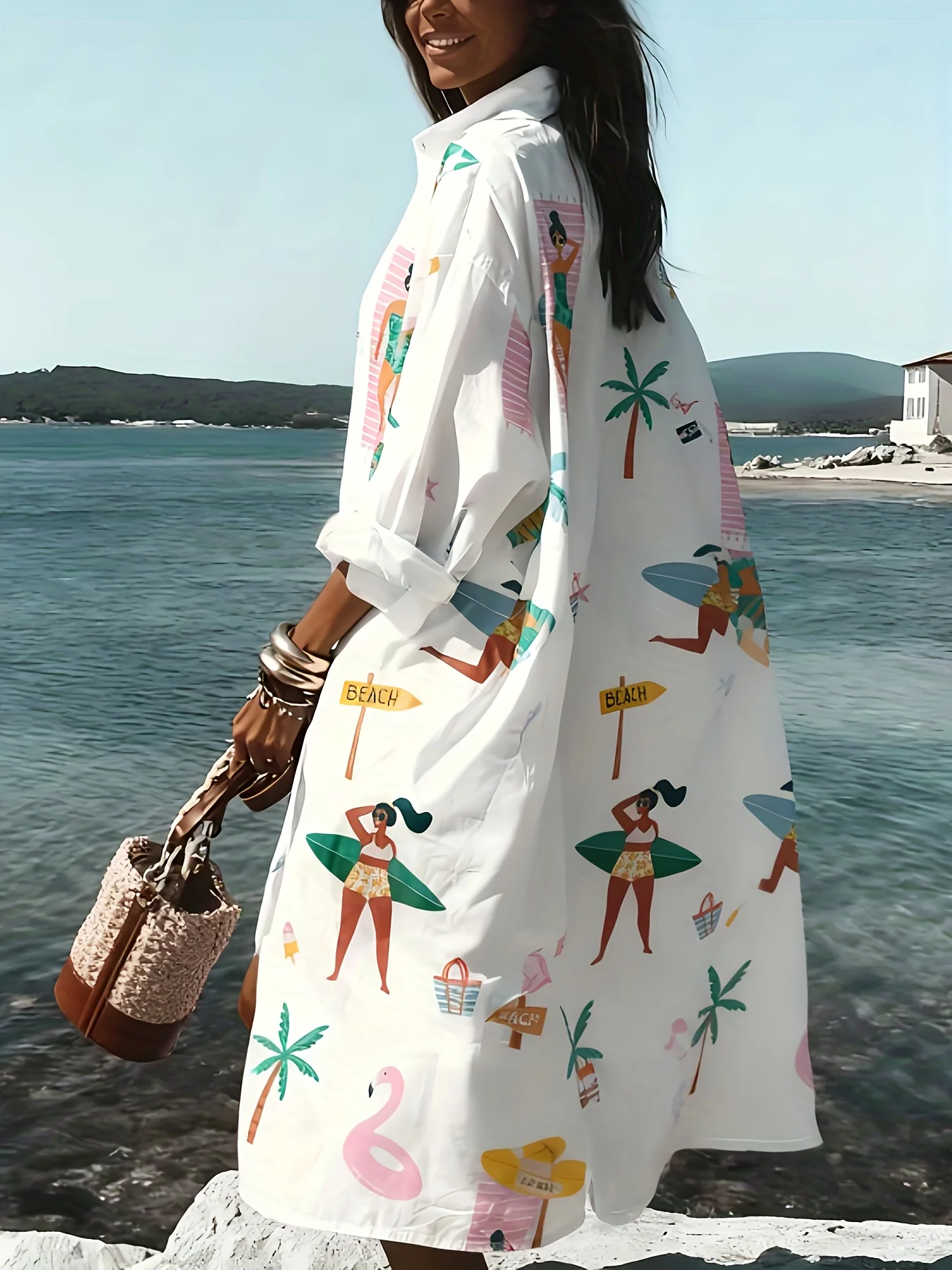 Women Long Sleeve Button Down Dress Tropical Palm Tree Print Vacation Style Casual Summer Dress for Beach Holiday Spring