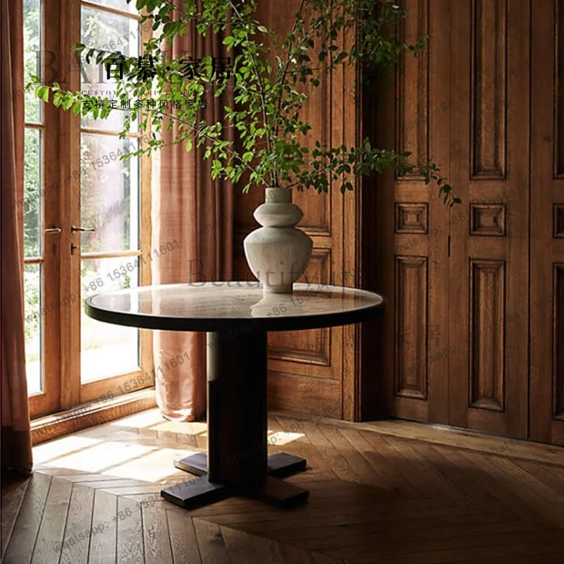 

Nordic solid wood retro dining table creative natural beige travertine large round table household round dining table