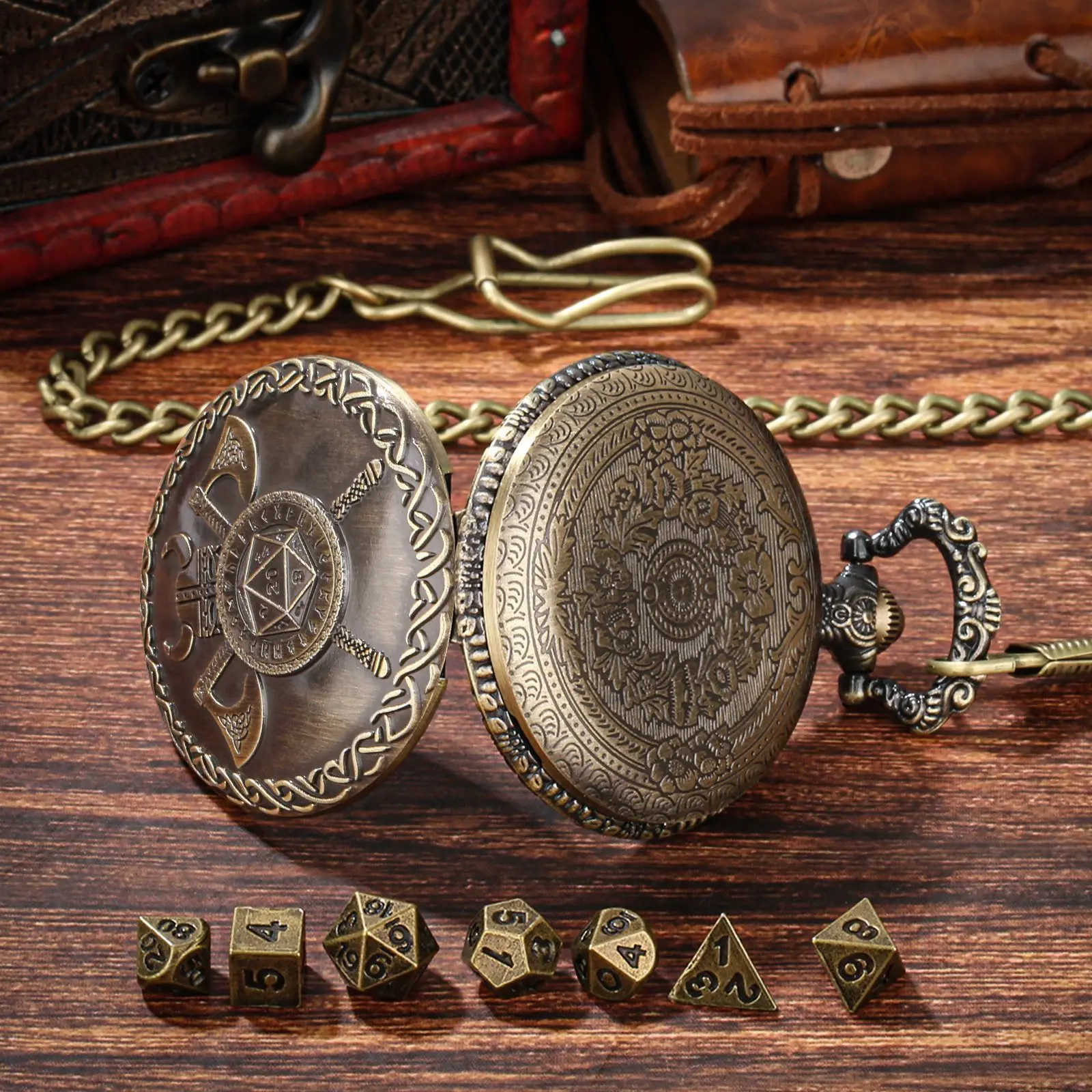 

Double Axe Pocket Watch Dice Box DND Dice Jewelry Pocket Watch Case Shell Viking Horde Helmet with Double Axe Dice Case