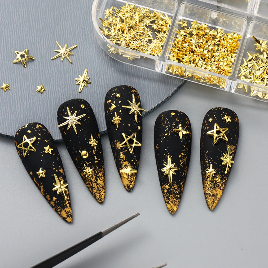 6 Sztuk Ozdób do Paznokci w Kształcie Gwiazd, Metalowe Gwiazdki, Zawieszki, Biżuteria do Paznokci, Nity, Akcesoria ze Stopu, Materiały do Manicure