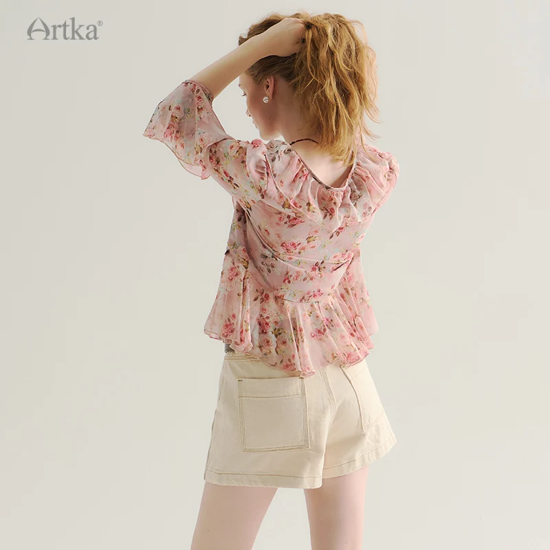 ARTKA 2024 Early Autumn New Elegant Floral Ruffles V-Neck Shirts Flare Sleeve Chiffon Lace-up Cardigan Blouse Female SA92248Q