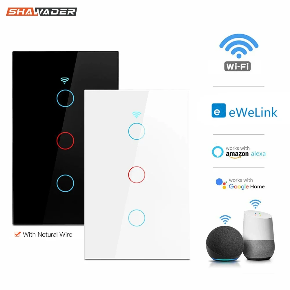 Shawader Smart WIFI Ewelink Wall Interruptor Light Switch Touch Sensor Glass Panel US/EU Brasil Remote by App Alexa Google Home