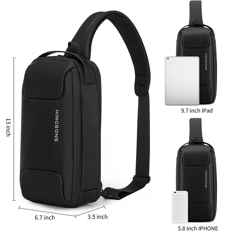 Kingsons USB Charging Tablet PC Bag Chest Bag Men Crossbody Bag Small for Men for Single Shoulder Strap Bags