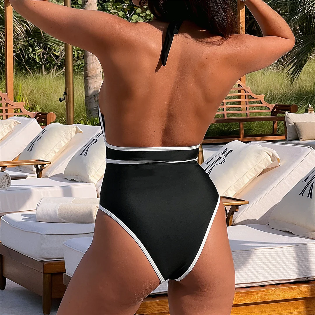 Einteiliger Badeanzug mit tiefem V-Ausschnitt, Halterneck und hohem Beinausschnitt, Damen-Bademode, rückenfreier Monokini, gepolsterter Badeanzug, Badeanzug, Modell V6710. – Detail 9