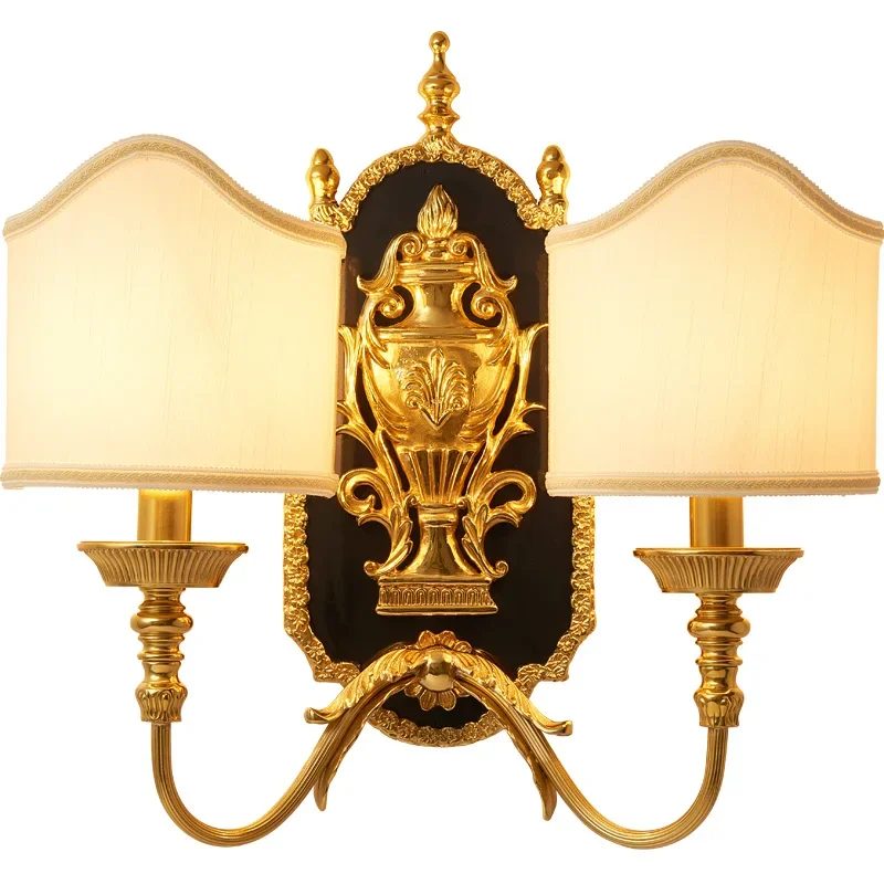 #French all-copper wall lamp European villa luxury retro living room study bedroom bedside lamp dewaxing copper lamp creative