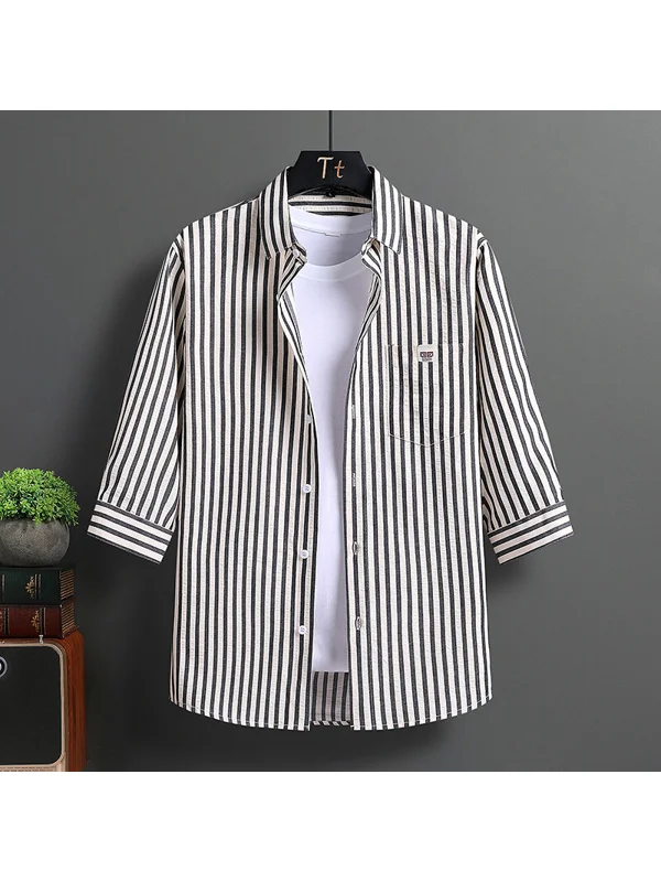 

Summer New Style Men's Casual Striped Bubble Shirt Short Sleeve Standard Fit Polyester Fiber Unisex Inner Wear Cleanfit Design