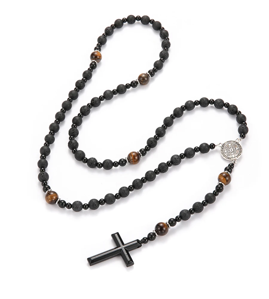 Lava Stone Black Obsidian Yellow Tiger-eye Beads Cross Pendant Y Necklace for Men
