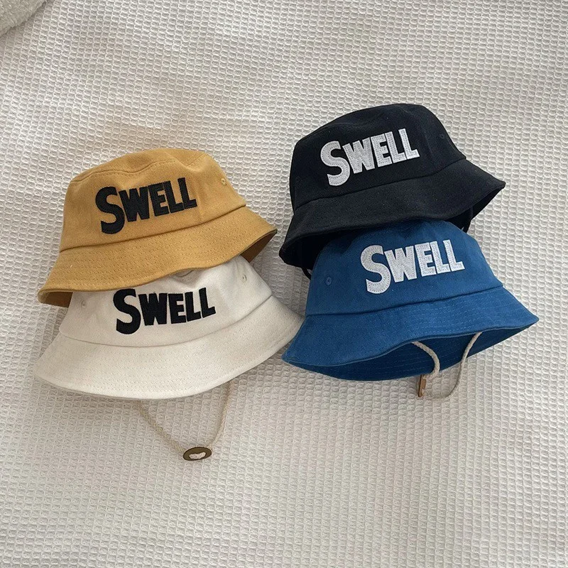 

Fashion Letter Children Bucket Hat Solid Color Flat Top Fisherman Hats Casual Baby Sunshade Basin Cap