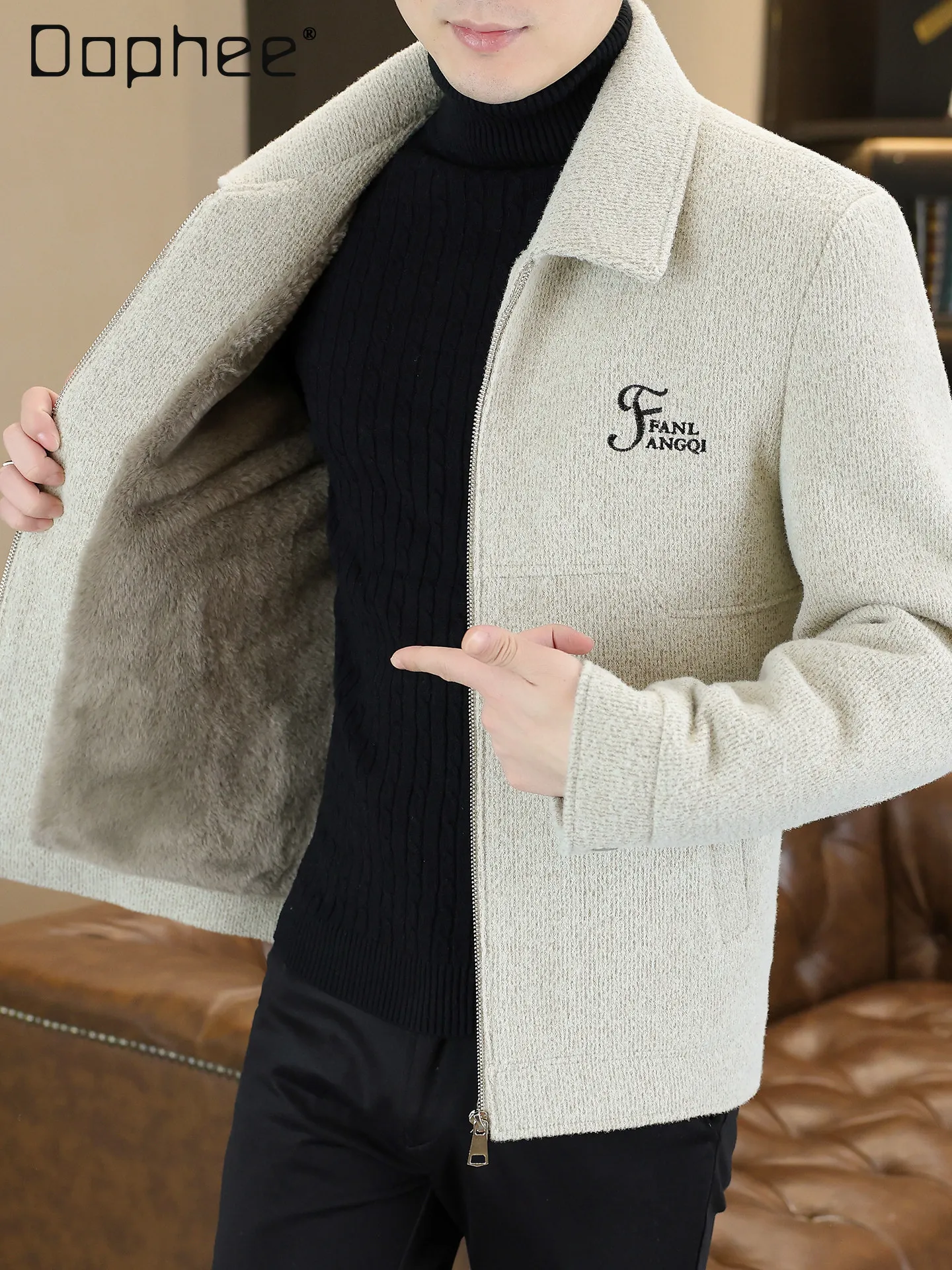

Autumn Winter Men's Fleece-Lined Thickened Beige Gray Black Slim Fit Casual Turn-Down Collar Letter Embroidery Woolen Jacket