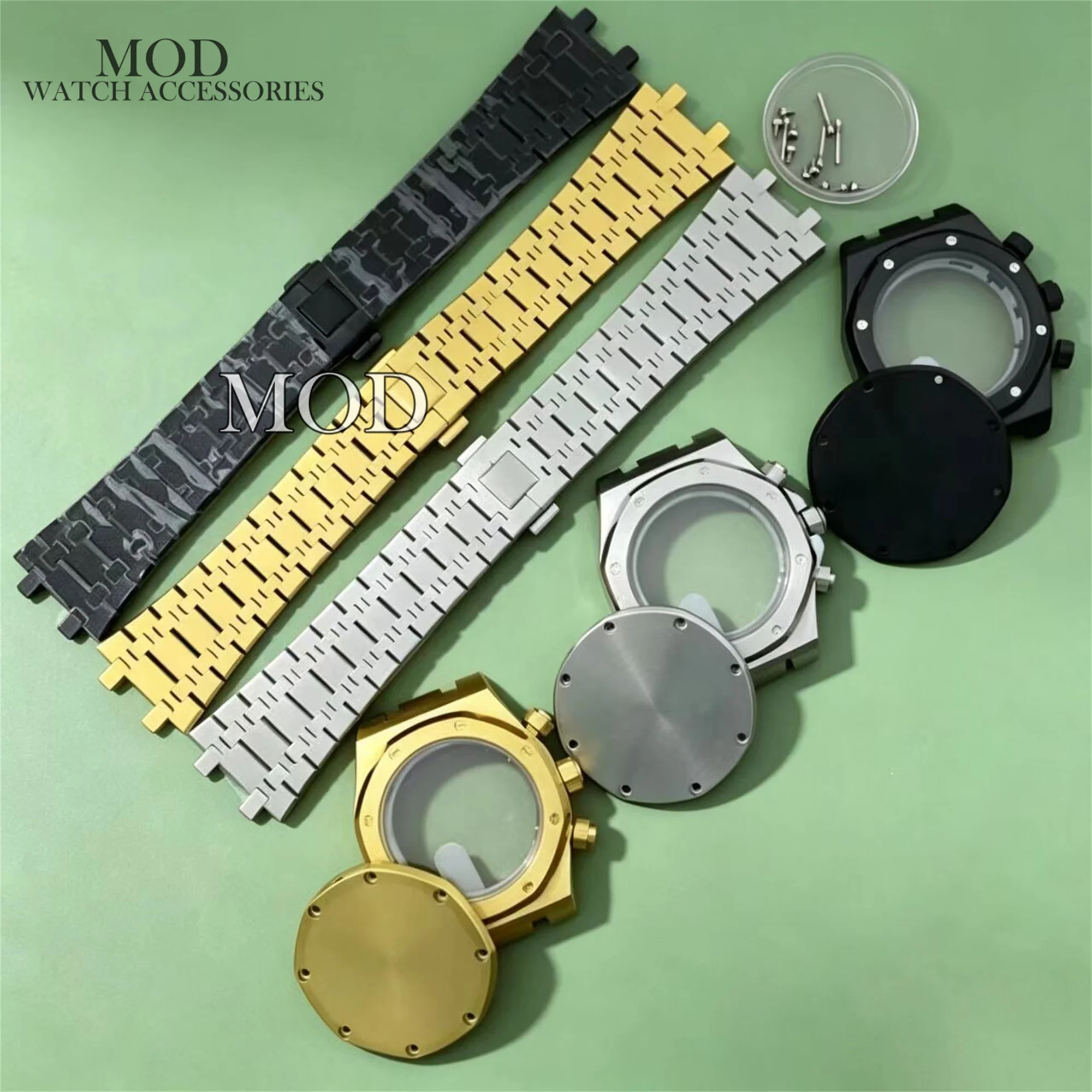 42MM Modification Stainless Steel Watch Case Strap Parts for Royal Oak Octagonal Case 31.8mm Dial VK63 Quartz Movement Pointers