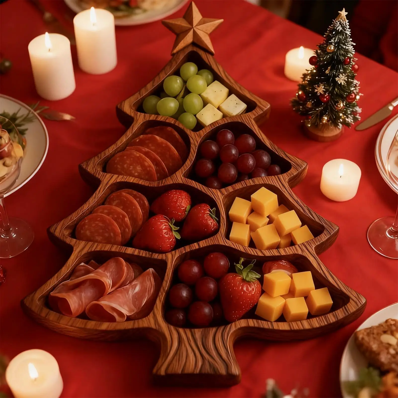 Bandeja de Madera Dividida para Servir Aperitivos, Postres, en Fiestas, Cocina, Sala de Estar, Navidad, Plato para Servir con Forma de Árbol de Navidad, Tabla para Quesos