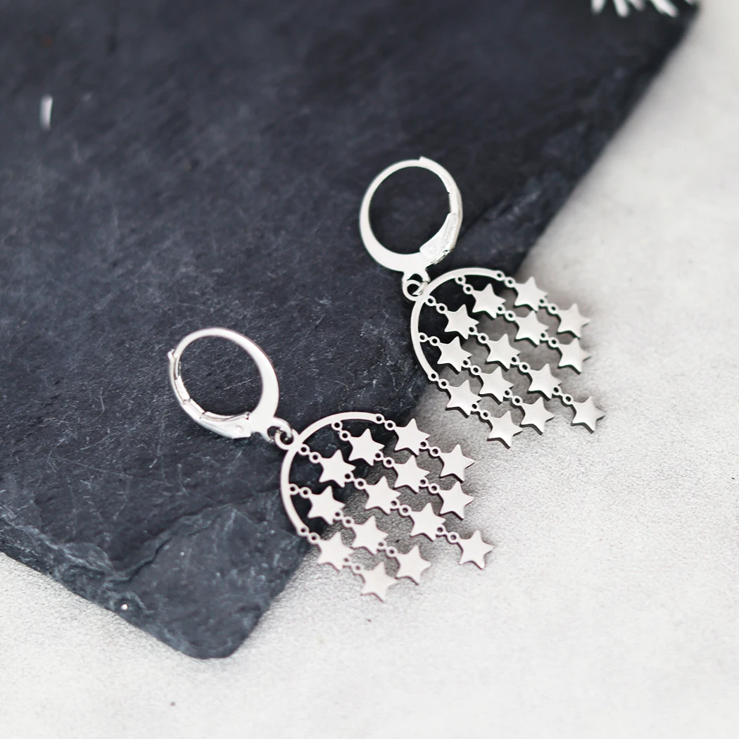 QIAMNI Star Pendant Hoop Earrings Fashion Party Wedding Piercing Jewelry Stainless Steel Dangle Drop Earrings for Women Girls