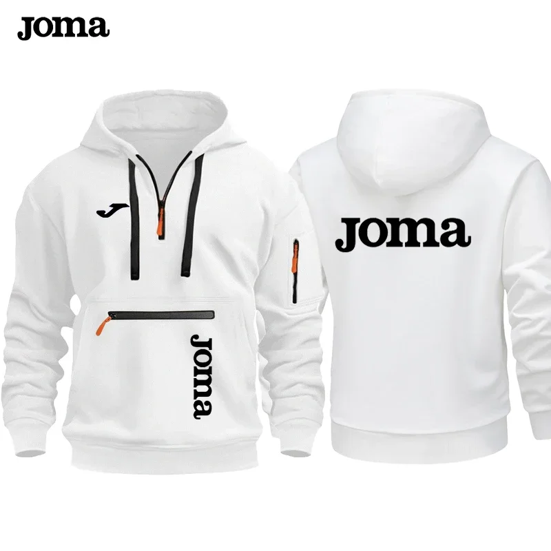 

Joma Brand Men's hooded sweatshirt Half-Zip Hoodie Trendy White Pullover with Multiple Pockets for Active Leisure Lifestyle