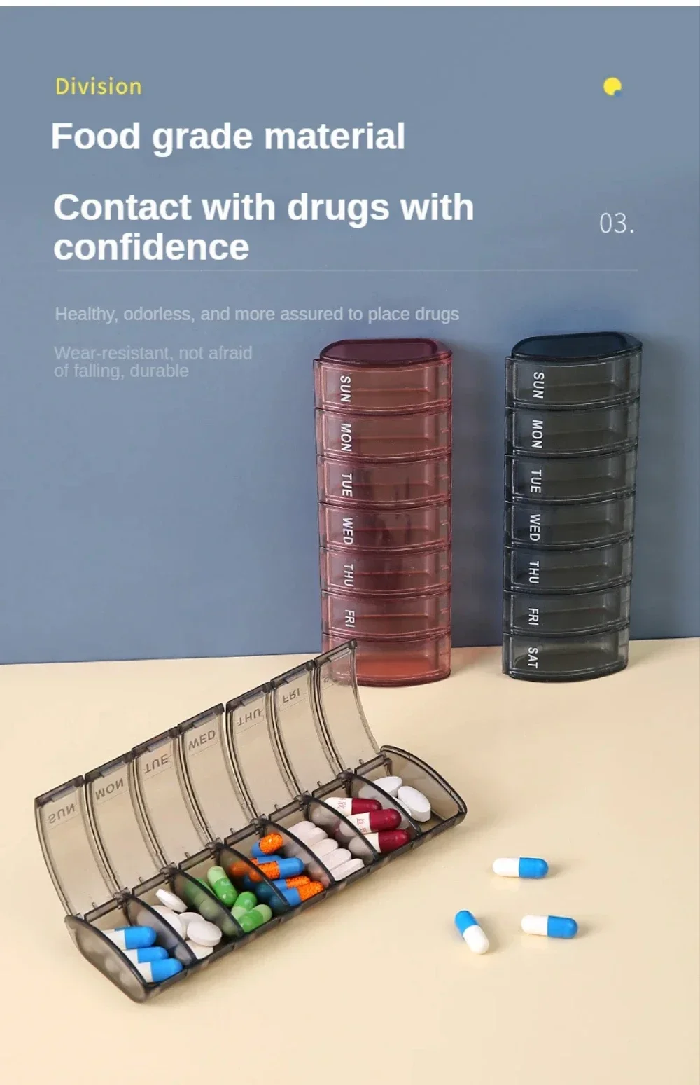 Pillendose für 7 Tage, Medikamentenbox, Wöchentlicher Pillenorganizer für Vitamine, Fischöle, Nahrungsergänzungsmittel und Medikamente für Reisen und Arbeit – Detail 6