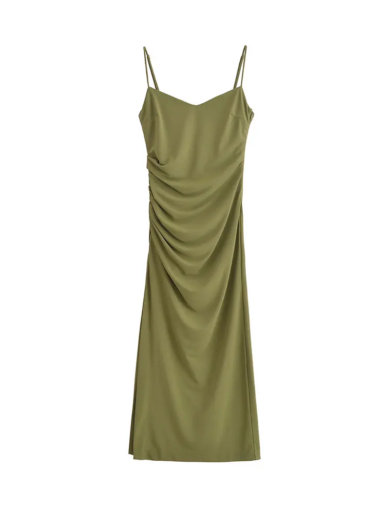 2025 봄 여성 주름 장식 캐주얼 시크 드레스 캐미 백리스 롱 스트레이트 드레스 신상 여름 드레스