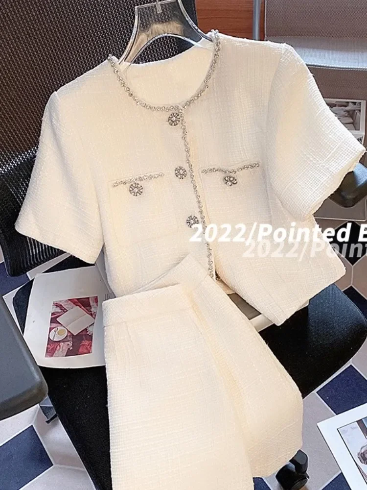 Women Vintage Sequin Fragrant White Suit Shirt Top and Skirt Two Piece Set Matching Outfit 2024 New Summer Formal Occasion Cloth