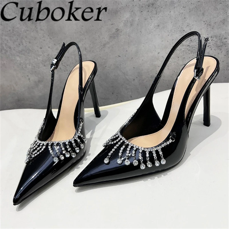 

2024 Summer Pointed Toe Thin High Heel Crystal Sandals Women Patent Leather Slingbacks Stilettos Sexy Runway Party Shoes Femme