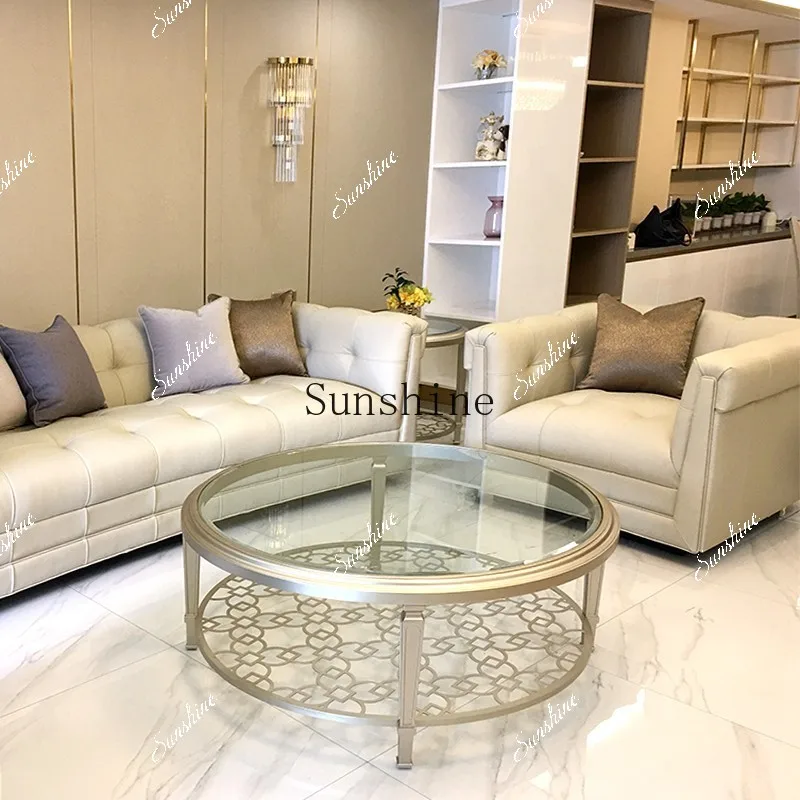 American light luxury solid wood metal coffee table hollow tempered glass surface coffee corner table  FT