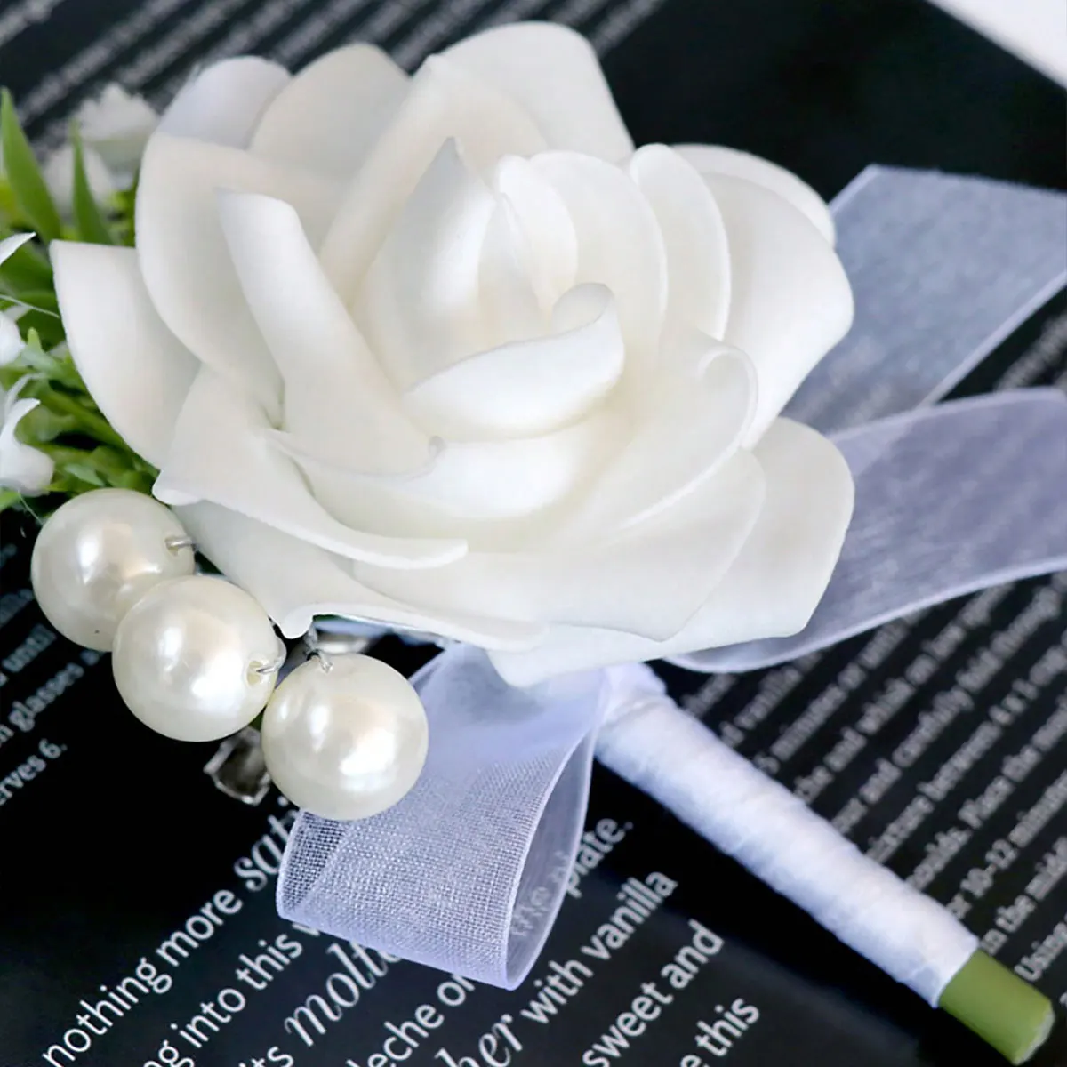 White Rose Wedding Groom's Boutonniere with Pearl and Green Leaf Artificial Floral Design, Groomsmen's Suit Lapel Flower, Wedding Party Accessory image 4
