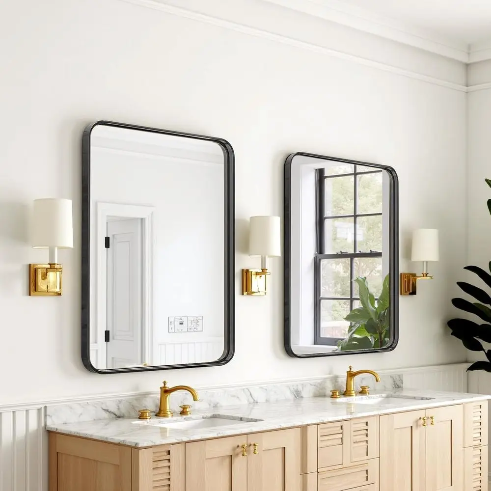Espelho de vaidade com moldura preta de 30 x 22 polegadas, resistente à ferrugem, estilo moderno de fazenda para parede ou pia