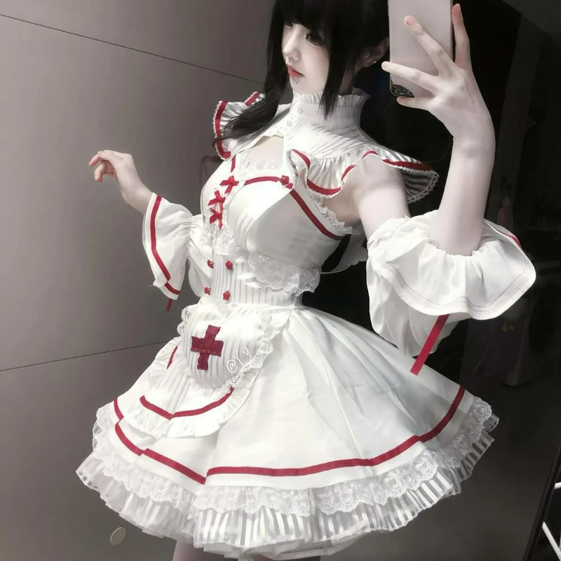 Japanische Sweet Lolita 3-teilige Sets für Damen, Kawaii Spitzen-Rüschen-Schleifen-Streifen-Tops, Minirock, Halloween-Mode, Cosplay-Krankenschwester-Outfits