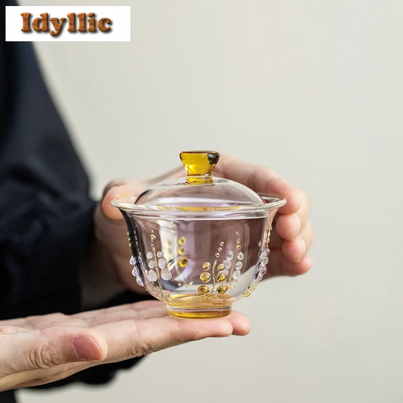 

100ml Relief Wisteria Flower Glass Gaiwan Vintage Tea Tureen Tea Bowl With Lid Kit Tea Brewing Cover Bowl Tea Services Craft