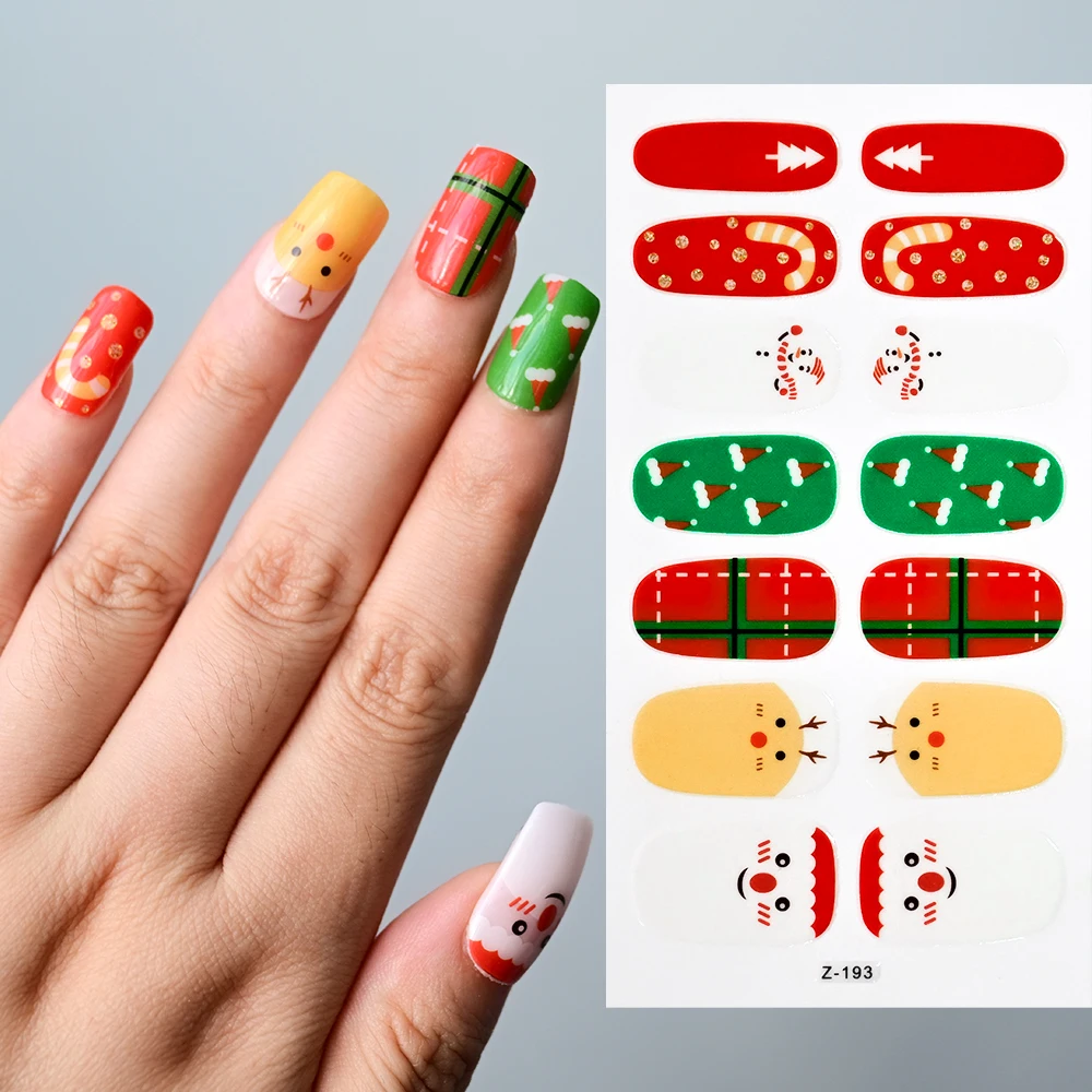 1 stks Kerst Rood Groen Volledige Cover Nail Sticker Plaid Streep Kerstman Nail Art Decals Sneeuwvlokken Cartoon Manicure Decoratie