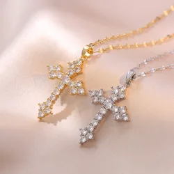 Classic Simple Shiny Crystal Cross Pendant Necklace for Women Luxury Gold Color Stainless Steel Zircon Hip Hop Jewelry Gift