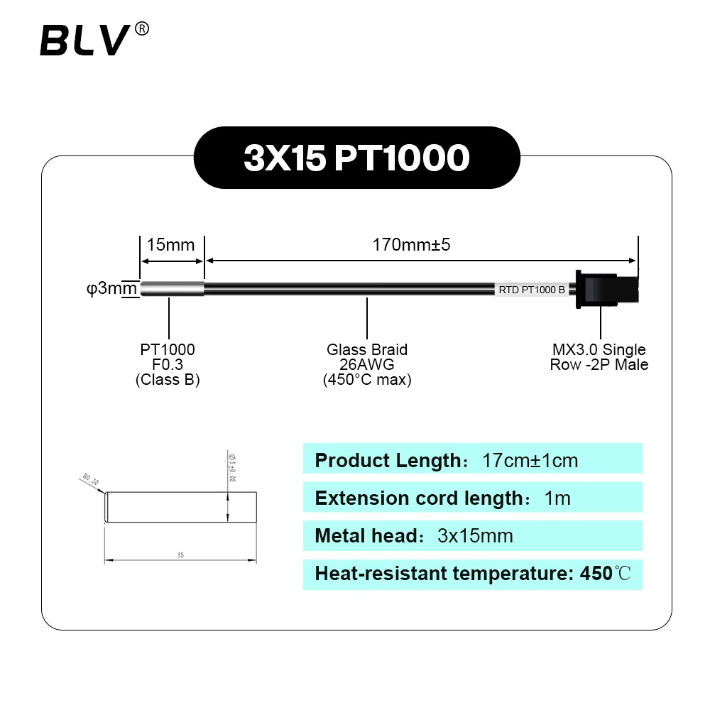 BLV ®   Termistore PT1000 M3 M4 Orso 3x15mm PT1000 Pro Resistenza alle alte temperature 450 ℃   Per Rapido hotend Dragon hotend