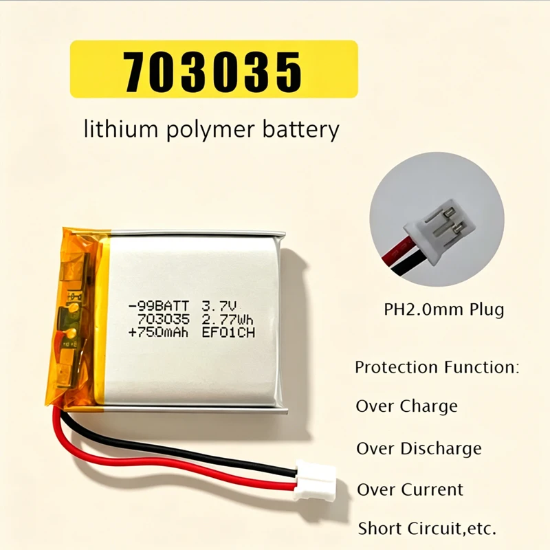 3.7V 703035 Battery 750mAh Li Polymer Lithium Rechargeable Batteries 073035 for LED Light MP5 GPS Beauty Equipment Electric Toys
