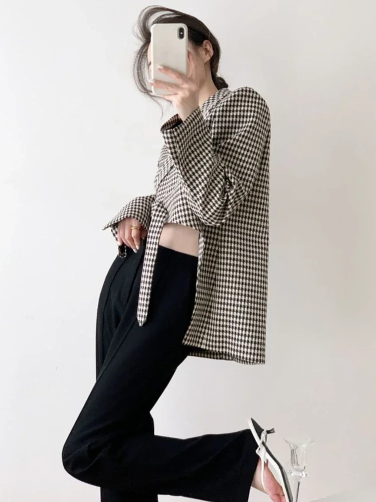 Irregular Blazers Women Temper Cropped French Elegant Plaid Streetwear Vintage Lace-up Clothing Hipsters Office Ladies Personal