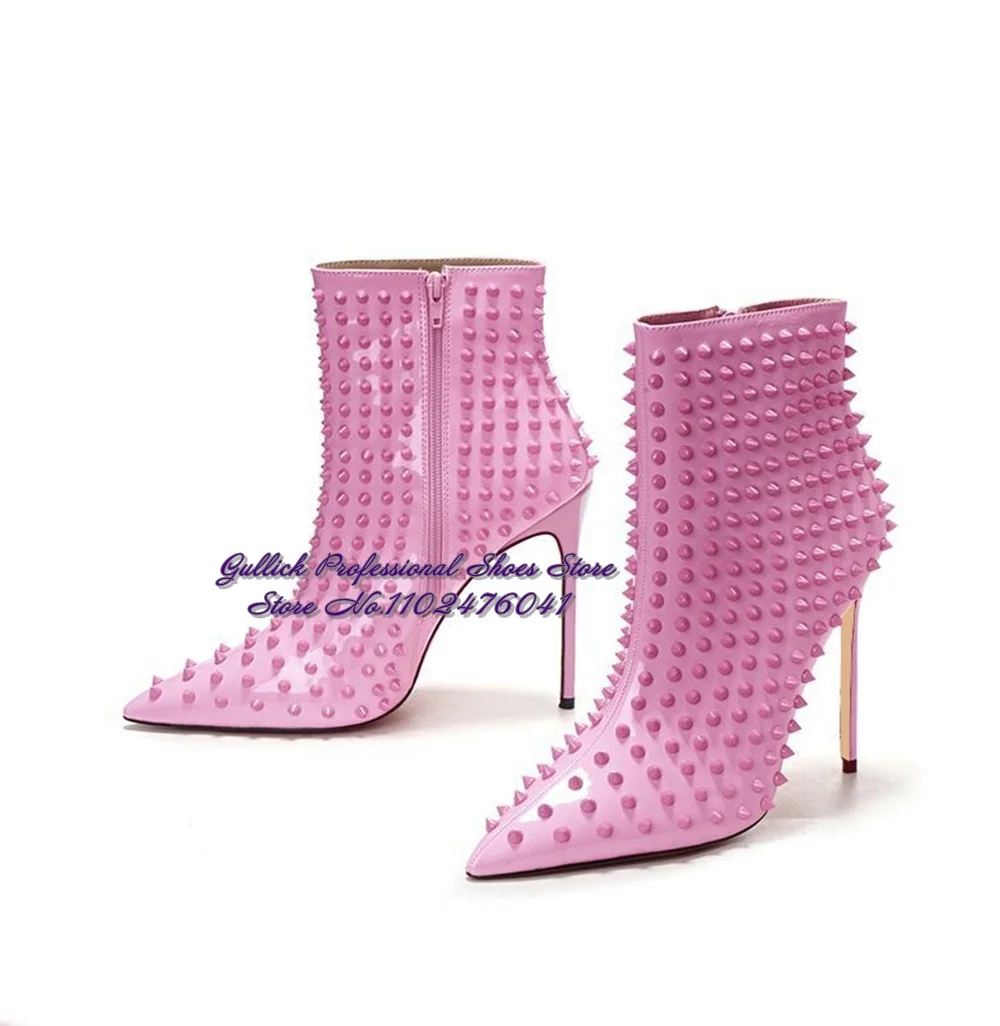 Botines de charol con remaches completos para mujer, botas de tacón alto fino, Punta puntiaguda, botines con cremallera, zapatos de vestir decorados con pinchos, color rosa y rojo