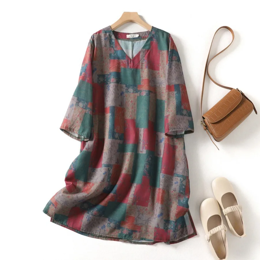 

【New style】China style literary loose slimming printed linen dress for women's summer retro medium-sleeve linen mid-length dres