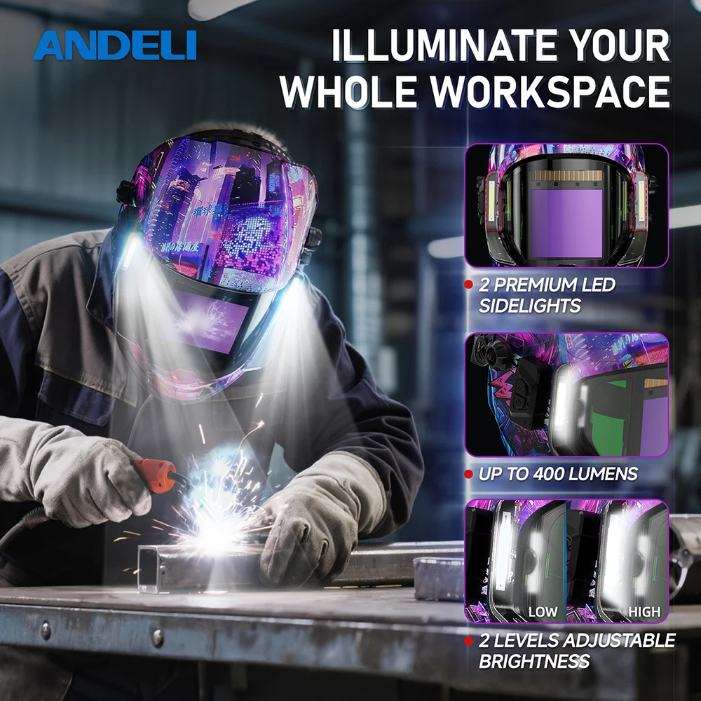 خوذة لحام ANDELI مع ضوء LED شاشة عرض كبيرة بانورامية 3.94 بوصة × 3.74 بوصة قناع لحام تلقائي ذو لون حقيقي للحام