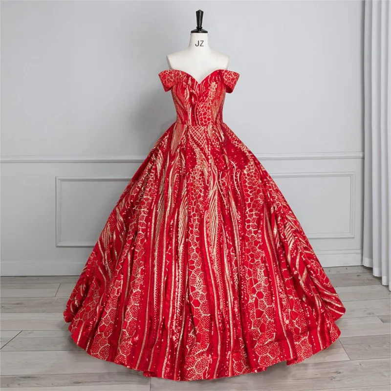 

Sequined one-shoulder banquet performance puffy red toasting dress