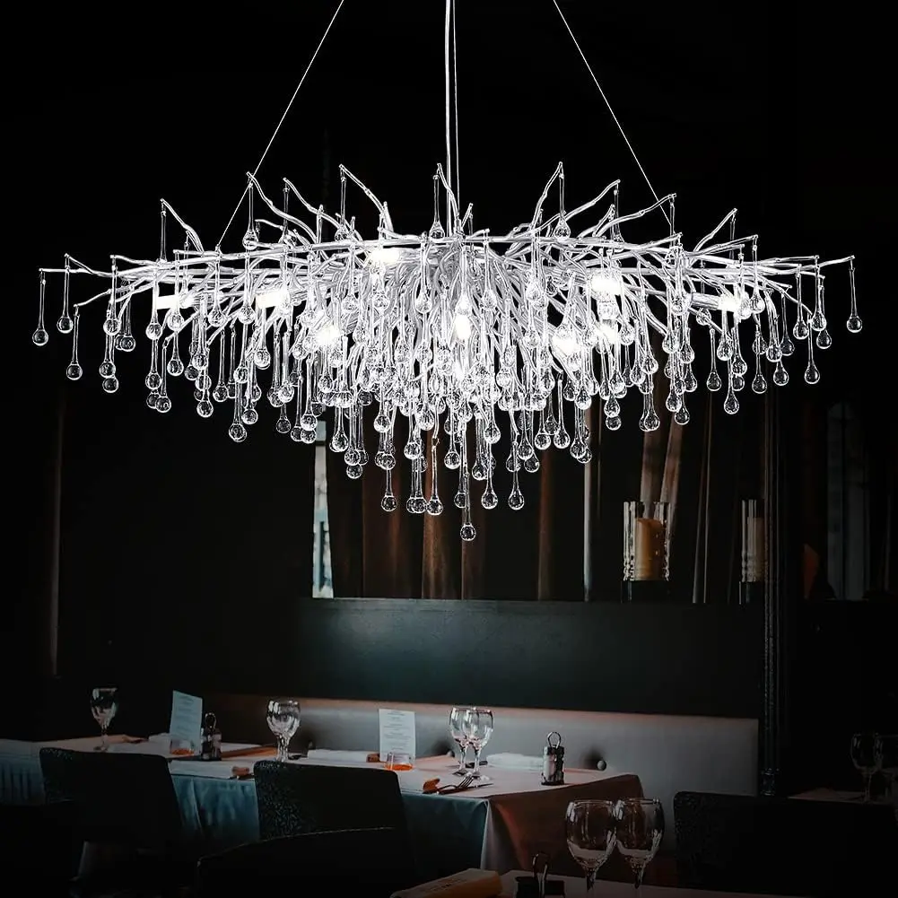 

Silver Rectangular Chandelier for Modern Crystal Chandelier Restaurant Foyer High Ceiling Pendant Raindrops Long Light Fixture